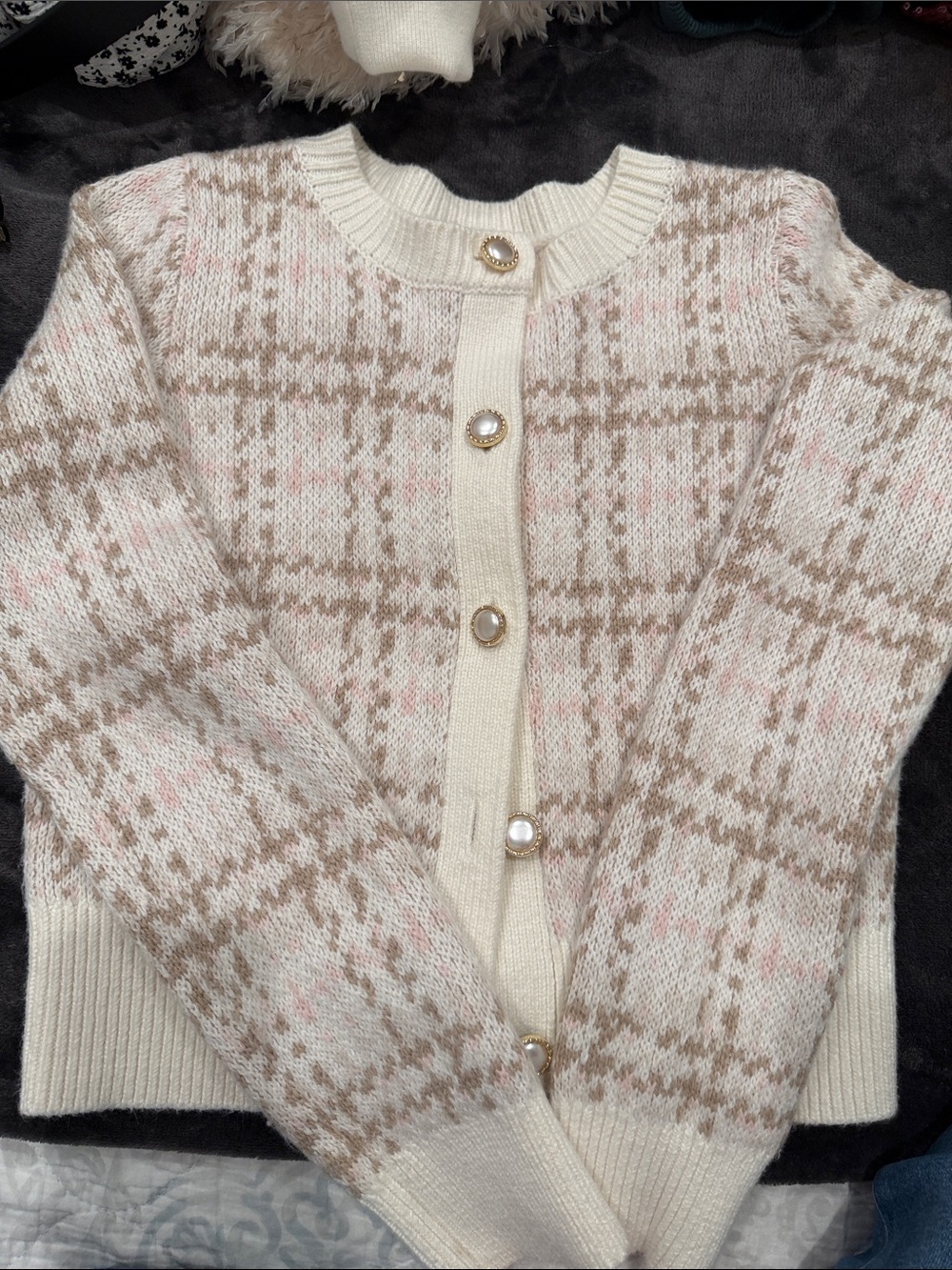 abercrombie kids Cream Plaid Cardigan with Pearl Buttons